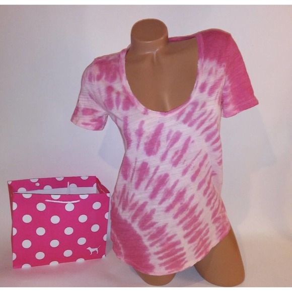 VICTORIA SECRET PINK Perfect Tee V-Neck T-Shirt TIE DYE Dog Logo XS X-SMALL - Picture 5 of 8
